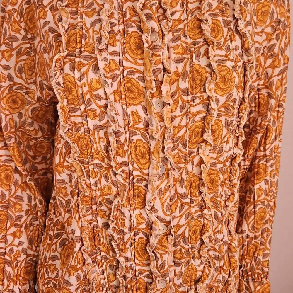 IVY JANE Retro Goldenrod Floral Ruffle Tuxedo Button Down Long Sleeve Shirt - Picture 4 of 9